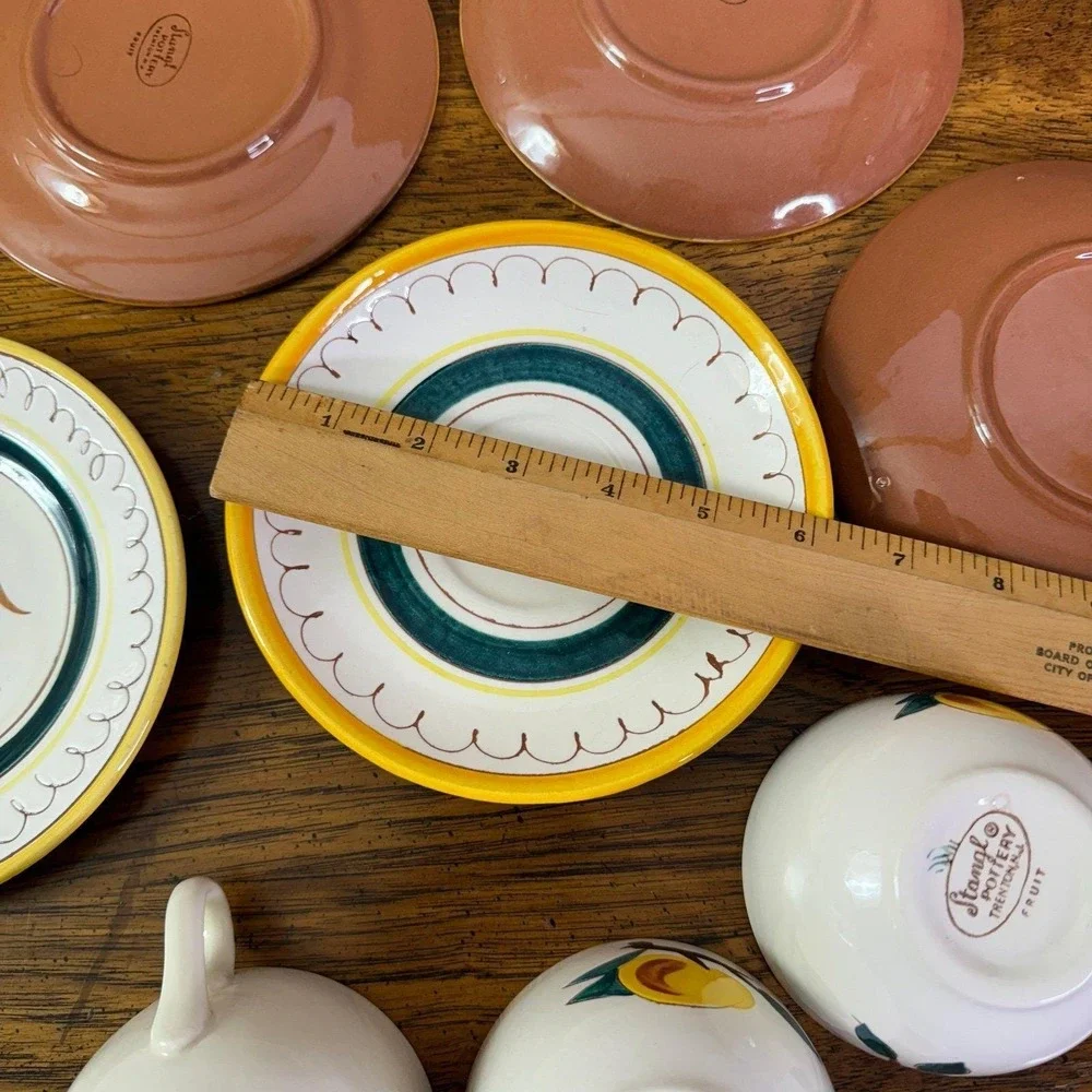 Stangl Pottery Fruit‎ Lemon Brown Trim 9-Pc Teacup Saucer & bread plates